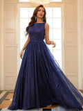 A-Line/Princess Ruffles Scoop Sleeveless Sweep/Brush Train Evening Dresses Prom Dress