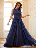 A-Line/Princess Ruffles Scoop Sleeveless Sweep/Brush Train Evening Dresses Prom Dress