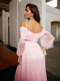 A-Line/Princess 30D Chiffon Ruffles Off-the-Shoulder Long Sleeves Floor-Length Evening Dresses Prom Dress