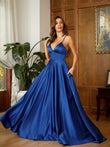 A-Line/Princess Satin Ruffles V-neck Sleeveless Sweep/Brush Train Dresses Prom Evening Dress