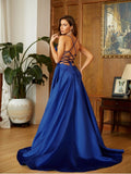 A-Line/Princess Satin Ruffles V-neck Sleeveless Sweep/Brush Train Dresses Prom Evening Dress