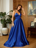 A-Line/Princess Satin Ruffles V-neck Sleeveless Sweep/Brush Train Dresses Prom Evening Dress