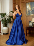 A-Line/Princess Satin Ruffles V-neck Sleeveless Sweep/Brush Train Dresses Prom Evening Dress