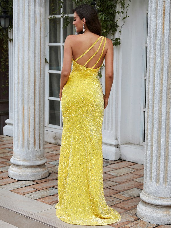 Sheath/Column One-Shoulder Sequins Sleeveless Sweep/Brush Train Dresses Prom Evening Dress