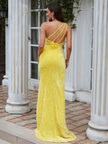 Sheath/Column One-Shoulder Sequins Sleeveless Sweep/Brush Train Dresses Prom Evening Dress