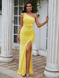 Sheath/Column One-Shoulder Sequins Sleeveless Sweep/Brush Train Dresses Prom Evening Dress