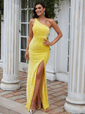 Sheath/Column One-Shoulder Sequins Sleeveless Sweep/Brush Train Dresses Prom Evening Dress