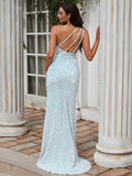 Sheath/Column Sequins One-Shoulder Sleeveless Sweep/Brush Train Dresses Prom Evening Dress