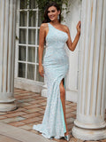 Sheath/Column Sequins One-Shoulder Sleeveless Sweep/Brush Train Dresses Prom Evening Dress