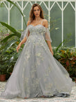 A-Line/Princess Tulle Applique Sweetheart Short Sleeves Sweep/Brush Train Evening Dresses Prom Dress