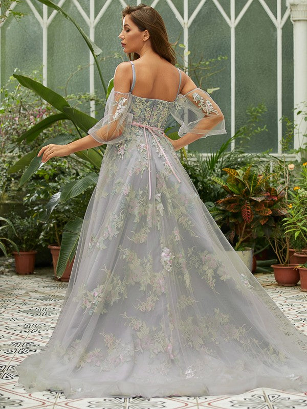 A-Line/Princess Tulle Applique Sweetheart Short Sleeves Sweep/Brush Train Evening Dresses Prom Dress