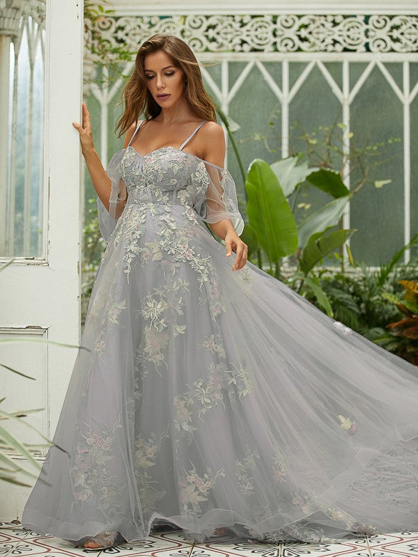 A-Line/Princess Tulle Applique Sweetheart Short Sleeves Sweep/Brush Train Evening Dresses Prom Dress