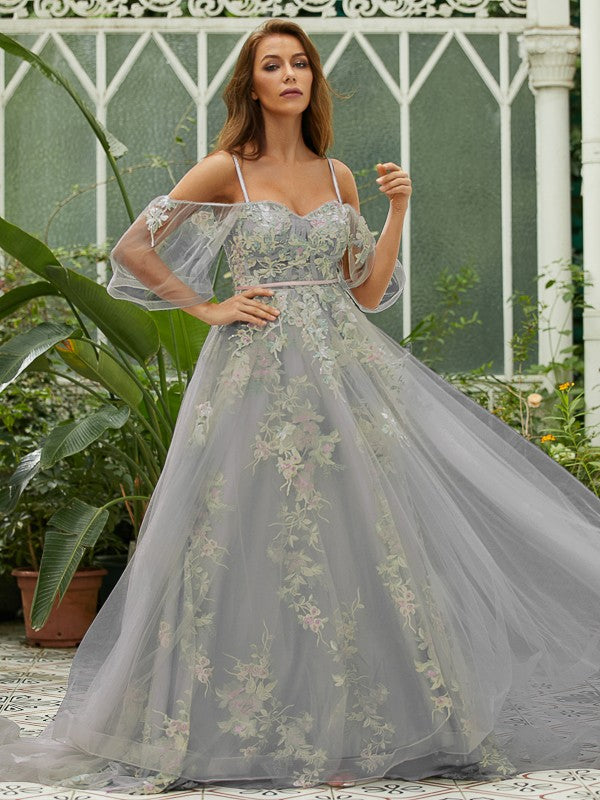 A-Line/Princess Tulle Applique Sweetheart Short Sleeves Sweep/Brush Train Evening Dresses Prom Dress