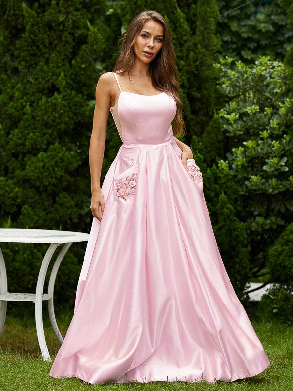 A-Line/Princess Satin Applique Spaghetti Straps Sleeveless Floor-Length Dresses Prom Evening Dress