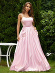 A-Line/Princess Satin Applique Spaghetti Straps Sleeveless Floor-Length Dresses Prom Evening Dress