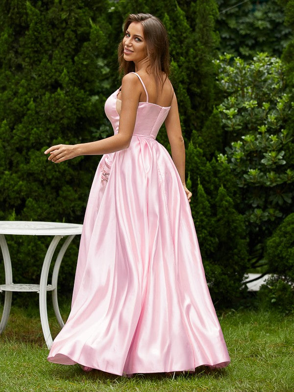 A-Line/Princess Satin Applique Spaghetti Straps Sleeveless Floor-Length Dresses Prom Evening Dress