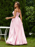 A-Line/Princess Satin Applique Spaghetti Straps Sleeveless Floor-Length Dresses Prom Evening Dress