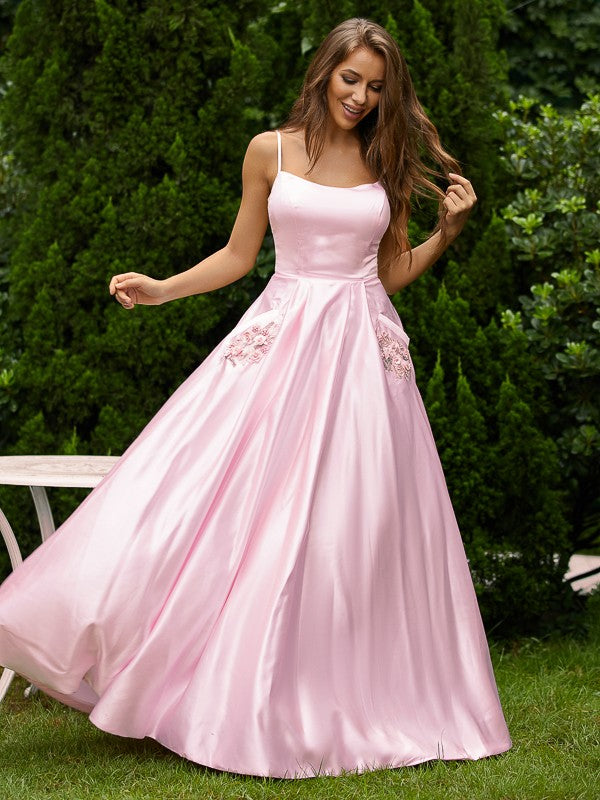A-Line/Princess Satin Applique Spaghetti Straps Sleeveless Floor-Length Dresses Prom Evening Dress