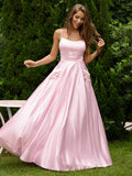 A-Line/Princess Satin Applique Spaghetti Straps Sleeveless Floor-Length Dresses Prom Evening Dress