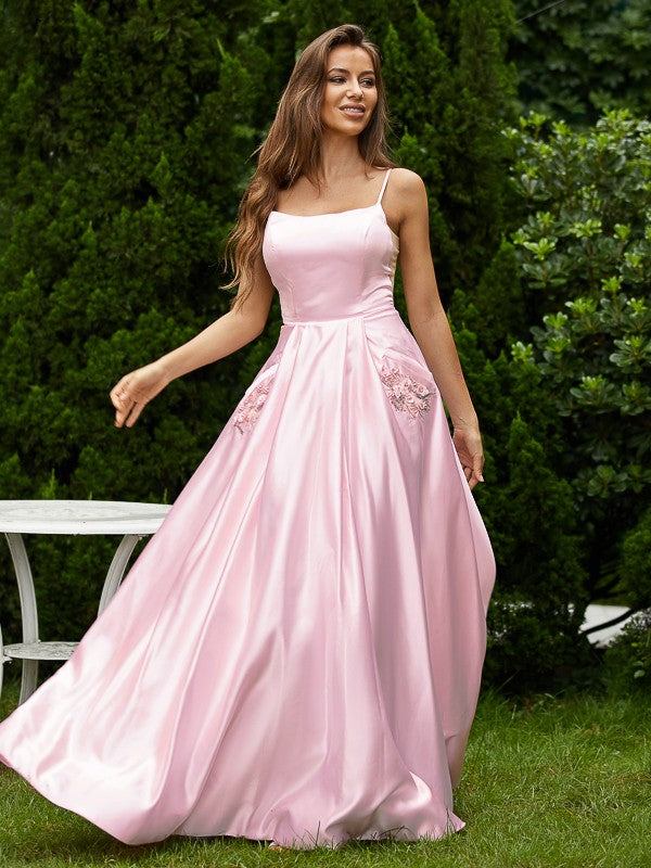A-Line/Princess Satin Applique Spaghetti Straps Sleeveless Floor-Length Dresses Prom Evening Dress