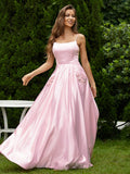 A-Line/Princess Satin Applique Spaghetti Straps Sleeveless Floor-Length Dresses Prom Evening Dress