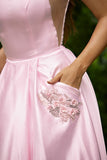 A-Line/Princess Satin Applique Spaghetti Straps Sleeveless Floor-Length Dresses Prom Evening Dress