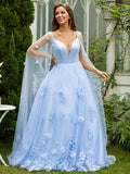 Vestidos de fiesta de quinceañera, corte A/princesa, tul, apliques, escote en V, sin mangas, con cola larga