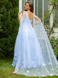 Vestidos de fiesta de quinceañera, corte A/princesa, tul, apliques, escote en V, sin mangas, con cola larga