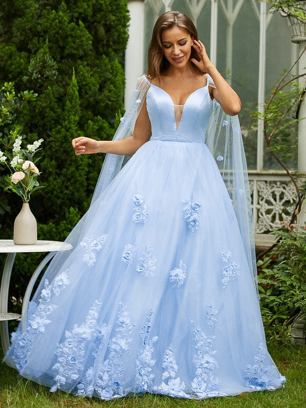 Vestidos de fiesta de quinceañera, corte A/princesa, tul, apliques, escote en V, sin mangas, con cola larga