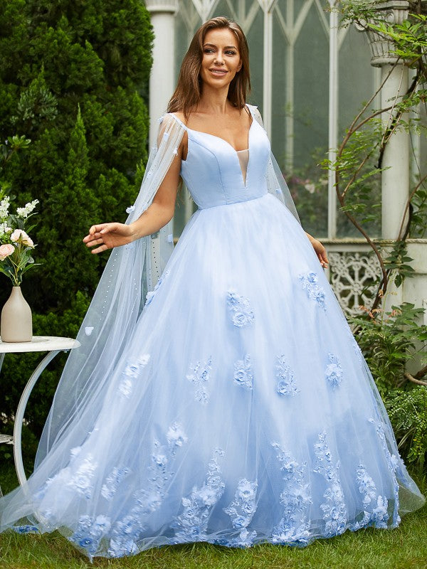 Vestidos de fiesta de quinceañera, corte A/princesa, tul, apliques, escote en V, sin mangas, con cola larga