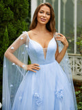 Vestidos de fiesta de quinceañera, corte A/princesa, tul, apliques, escote en V, sin mangas, con cola larga