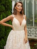 A-Linie/Princess-Linie Tüll Spitze V-Ausschnitt Ärmellos Sweep/Pinsel zug Kleider Ball-/Abendkleid