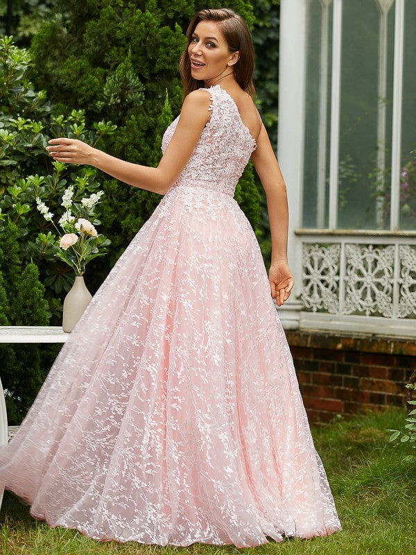 Vestido de noche de graduación con corte A/princesa, encaje, volantes, un hombro, sin mangas, largo hasta el suelo