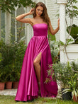 A-Line/Princess Satin Ruffles Strapless Sleeveless Sweep/Brush Train Dresses Prom Evening Dress