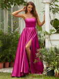 A-Line/Princess Satin Ruffles Strapless Sleeveless Sweep/Brush Train Dresses Prom Evening Dress