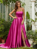A-Line/Princess Satin Ruffles Strapless Sleeveless Sweep/Brush Train Dresses Prom Evening Dress