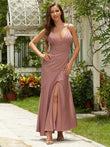 A-Line/Princess Charmeuse Ruched V-neck Sleeveless Ankle-Length Dresses Prom Evening Dress