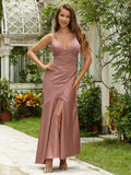 A-Line/Princess Charmeuse Ruched V-neck Sleeveless Ankle-Length Dresses Prom Evening Dress