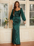Sheath/Column Silk like Satin Ruched V-neck Long Sleeves Floor-Length Dresses Evening Mother of the Bride Dress