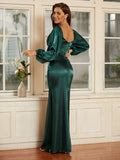 Sheath/Column Silk like Satin Ruched V-neck Long Sleeves Floor-Length Dresses Evening Mother of the Bride Dress
