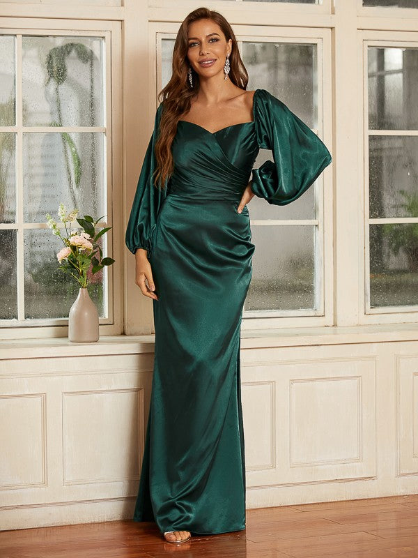 Sheath/Column Silk like Satin Ruched V-neck Long Sleeves Floor-Length Dresses Evening Mother of the Bride Dress