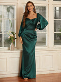 Sheath/Column Silk like Satin Ruched V-neck Long Sleeves Floor-Length Dresses Evening Mother of the Bride Dress