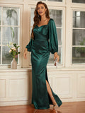 Sheath/Column Silk like Satin Ruched V-neck Long Sleeves Floor-Length Dresses Evening Mother of the Bride Dress