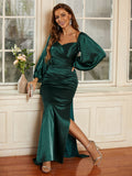 Sheath/Column Silk like Satin Ruched V-neck Long Sleeves Floor-Length Dresses Evening Mother of the Bride Dress