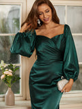 Sheath/Column Silk like Satin Ruched V-neck Long Sleeves Floor-Length Dresses Evening Mother of the Bride Dress