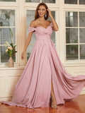 A-Line/Princess Stretch Crepe Ruffles Off-the-Shoulder Sleeveless Sweep/Brush Train Dresses Prom Evening Dress