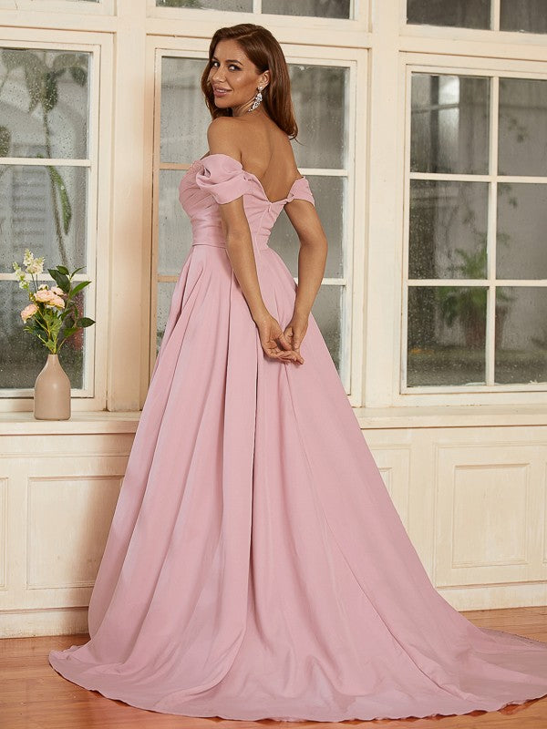 A-Line/Princess Stretch Crepe Ruffles Off-the-Shoulder Sleeveless Sweep/Brush Train Dresses Prom Evening Dress