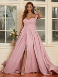 A-Line/Princess Stretch Crepe Ruffles Off-the-Shoulder Sleeveless Sweep/Brush Train Dresses Prom Evening Dress