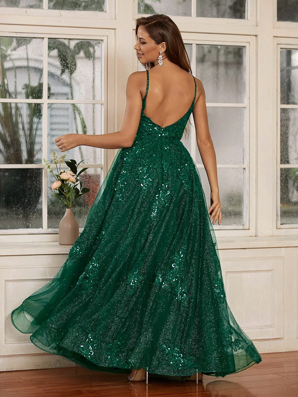 A-Line/Princess Lace Applique V-neck Sleeveless Floor-Length Dresses Prom Evening Dress