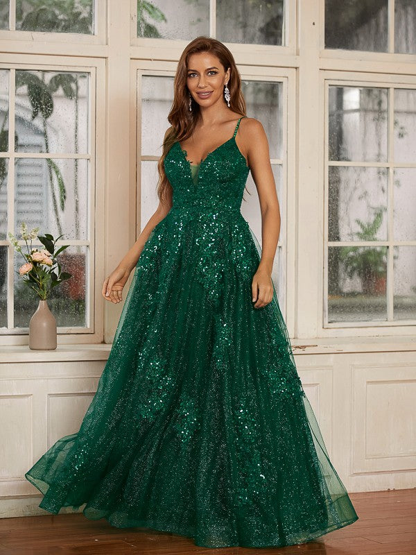 A-Line/Princess Lace Applique V-neck Sleeveless Floor-Length Dresses Prom Evening Dress